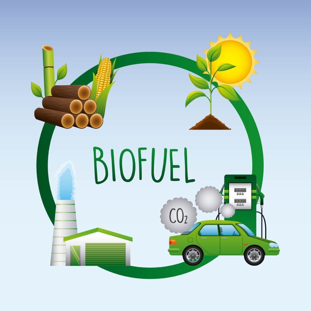 Illustrated cycle of biofuel production, from biomass to refinery to a car refuelling at a biofuel pump