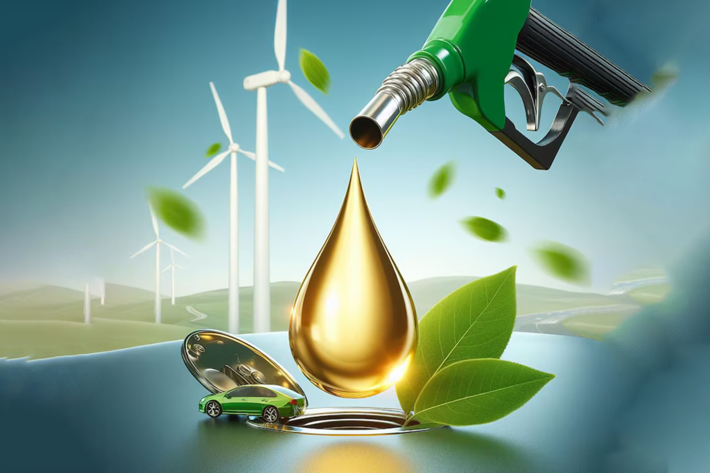 Golden fuel droplet falling from a nozzle, representing Bio Petrol