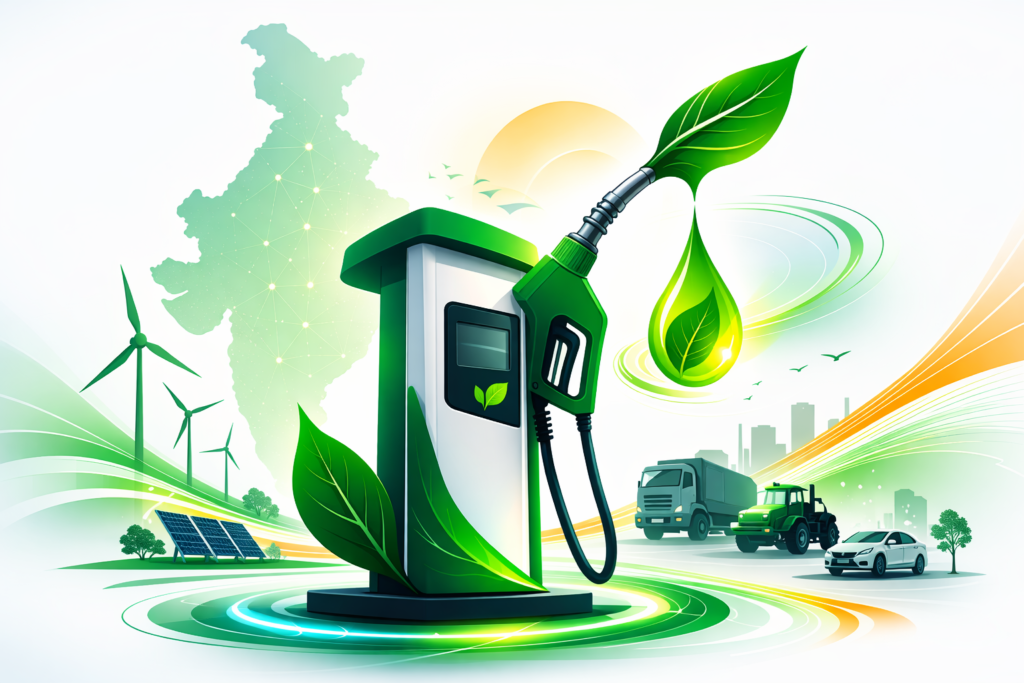 Illustration of a biofuel pump with a green leaf droplet over a map of India