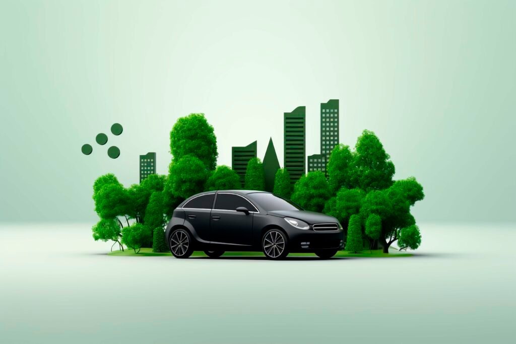 3D render of a car surrounded by trees, representing Indian Nex Energy's clean-fuel vision